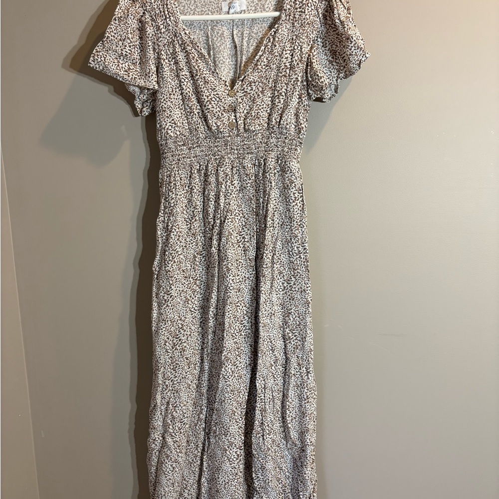 Women’s Smocked Waist Maxi Dress in Beige Floral